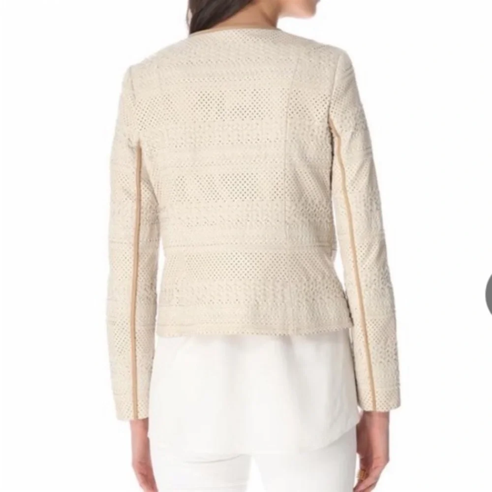 Tory‎ Burch Leather Jacket Woven Lasercut details Cream Tan trim Women’s 6